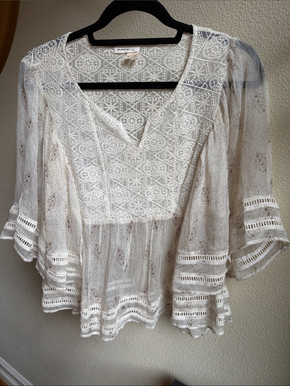 Anthropologie Meadow Rue White Lace Bell Sleeve Blouse XS